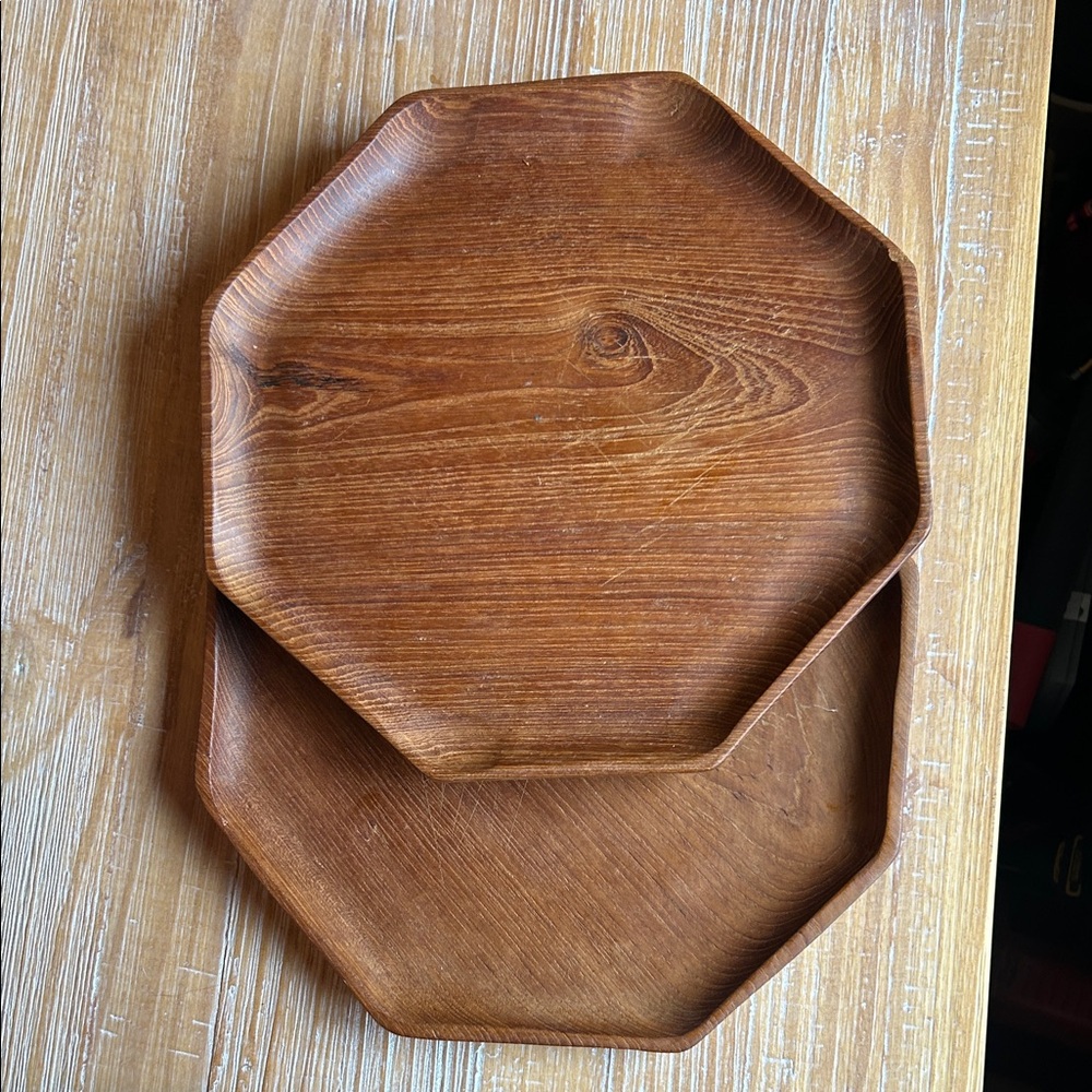 2 Teak Octagonal Wooden Plates